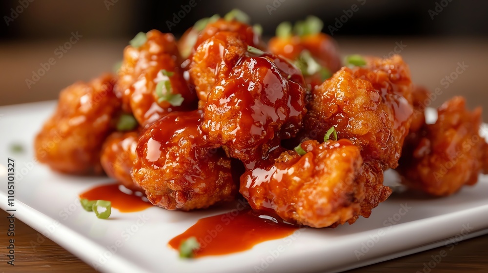 A plate of fried chicken pieces covered in a red sauce and garnished with green onions. A plate of fried chicken pieces covered in a red sauce and garnished with green onions.
