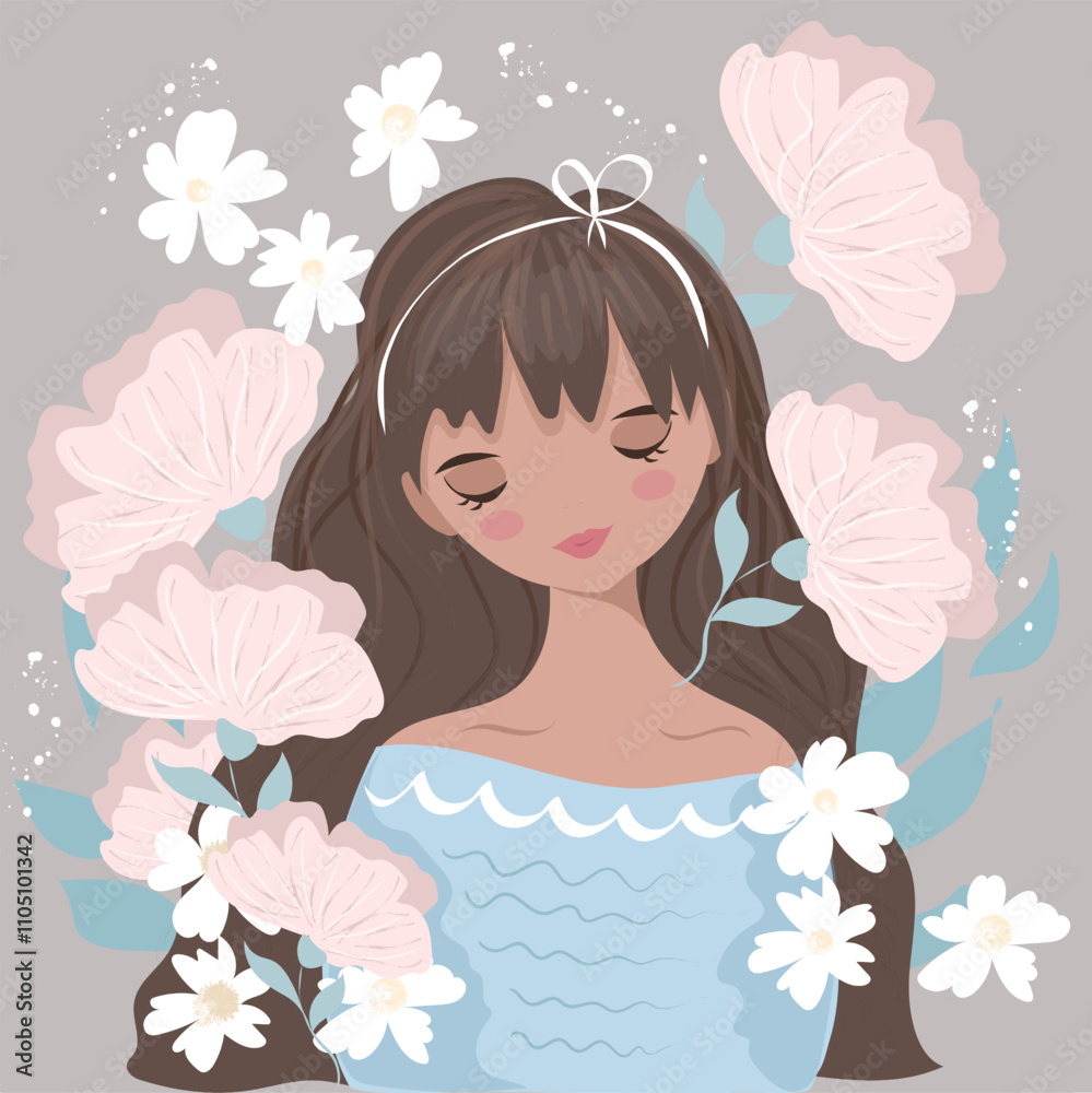 Cute girl with flowers. Art. Scandinavian style, pastel colors. Vector illustration. Drawing. Portrait. Poster, print, greeting card design Cute girl with flowers. Art. Scandinavian style, pastel colors. Vector illustration. Drawing. Portrait. Poster, print, greeting card design