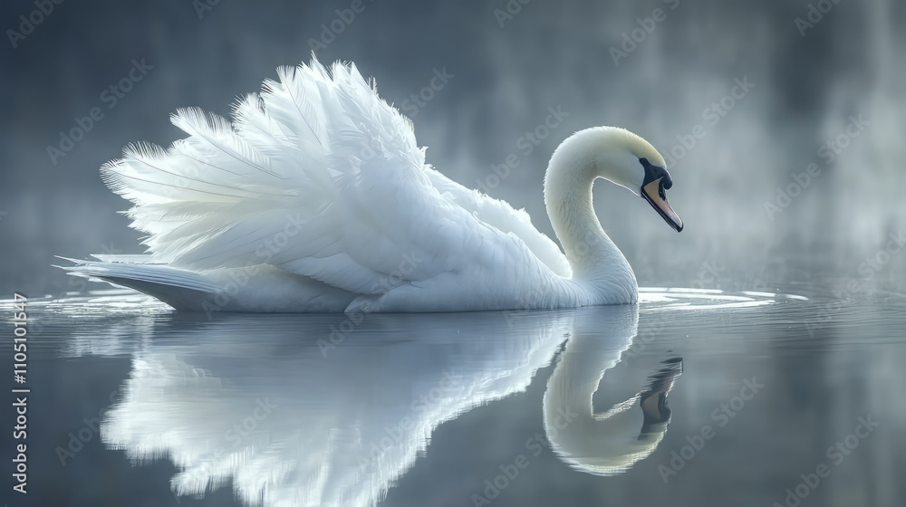 Swan feathers elegantly glide in a reflective scene crafting a serene and poetic tableau . Swan feathers elegantly glide in a reflective scene crafting a serene and poetic tableau .