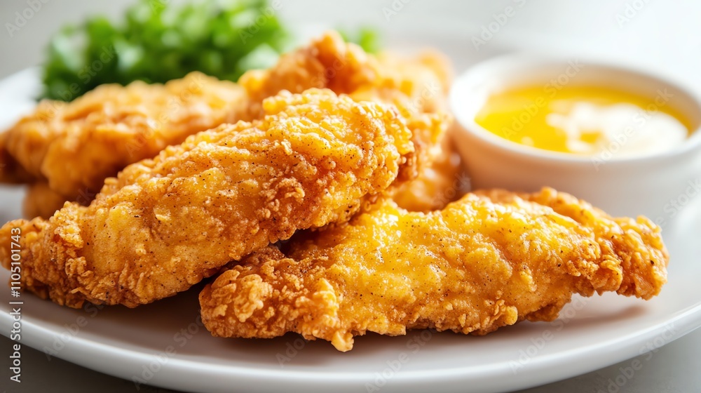 A plate of crispy fried chicken tenders with a side of dipping sauce. A plate of crispy fried chicken tenders with a side of dipping sauce.