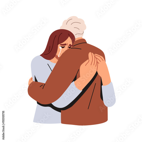 Crying woman hugging person, embracing for comfort. Sad frustrated female in tears, sadness and grief. Empathy, compassion, emotional support. Flat vector illustration isolated on white background