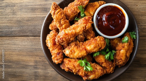 A plate of fried chicken tenders with a side of BBQ sauce. photo