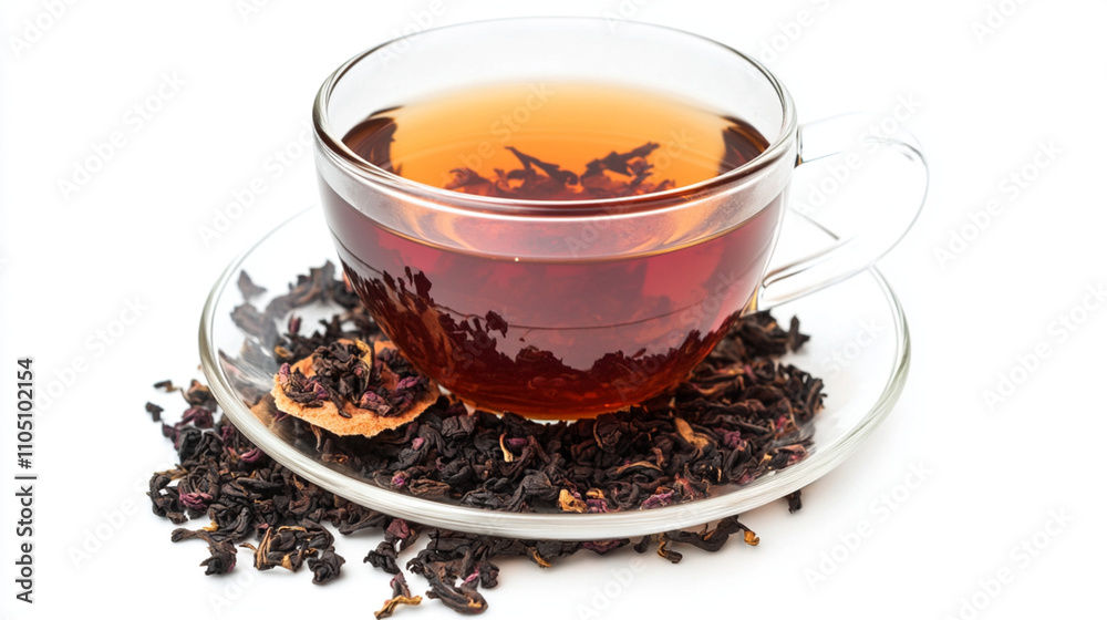 A clear glass teacup filled with dark tea sitting on a saucer with loose tea leaves