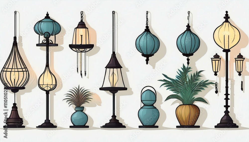 Hanging and floor lamps set collection isolated white background Hanging and floor lamps set collection isolated white background