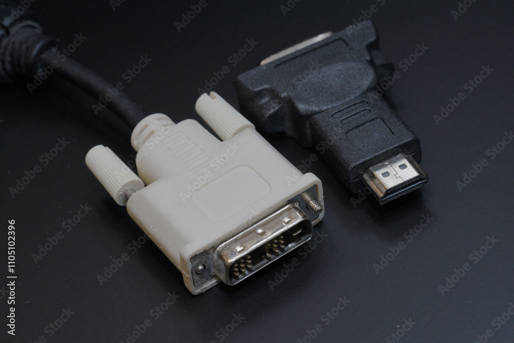 DVI to HDMI adapter closeup on black background, hardware used for converting digital video signals between display devices. Macro shot of DVI to HDMI adapter on black background. Selective focus.