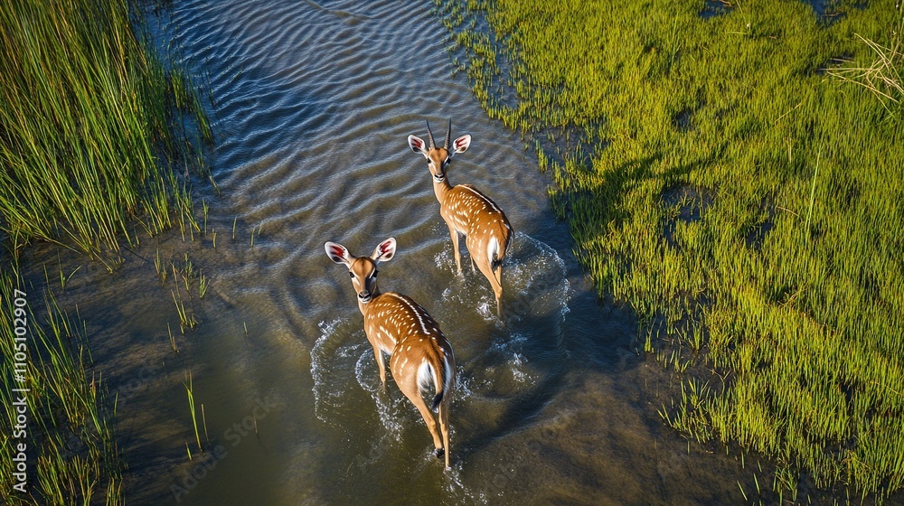 Obraz premium bird's eye view of majestic kudu antelope and two baby cubs, crossing with their wet and wet skin, looking towards the camera of the drone, the bed of a water channel