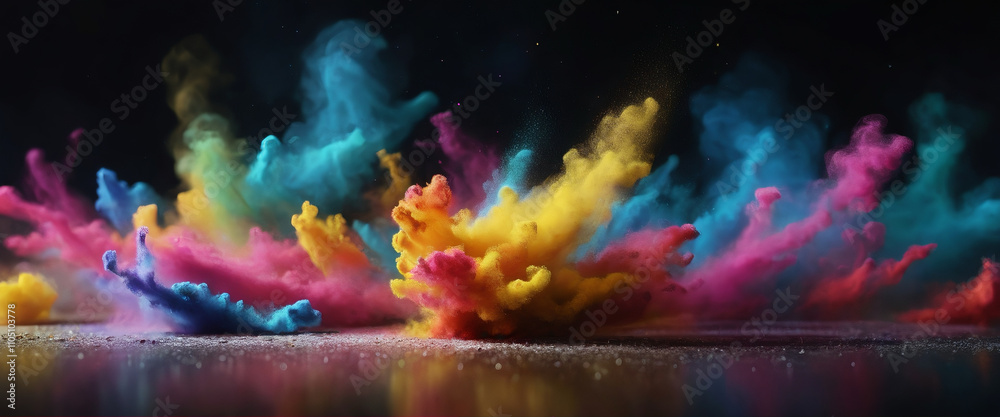 Colorful powder exploding on a reflective surface, creating a vibrant plume of smoke with a dark background, perfect for representing concepts related to celebration, art, and energy. Colorful powder exploding on a reflective surface, creating a vibrant plume of smoke with a dark background, perfect for representing concepts related to celebration, art, and energy.