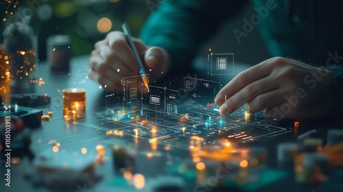 Hands crafting a wireframe app interface modern workspace digital design process innovative environment close-up perspective user experience concept