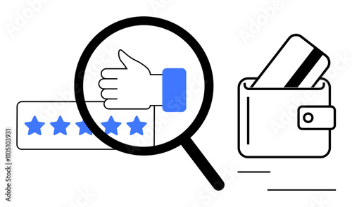 Magnifying glass highlighting a thumbs-up above star rating alongside a wallet with credit card. Ideal for customer feedback, satisfaction surveys, online reviews, e-commerce, financial transactions
