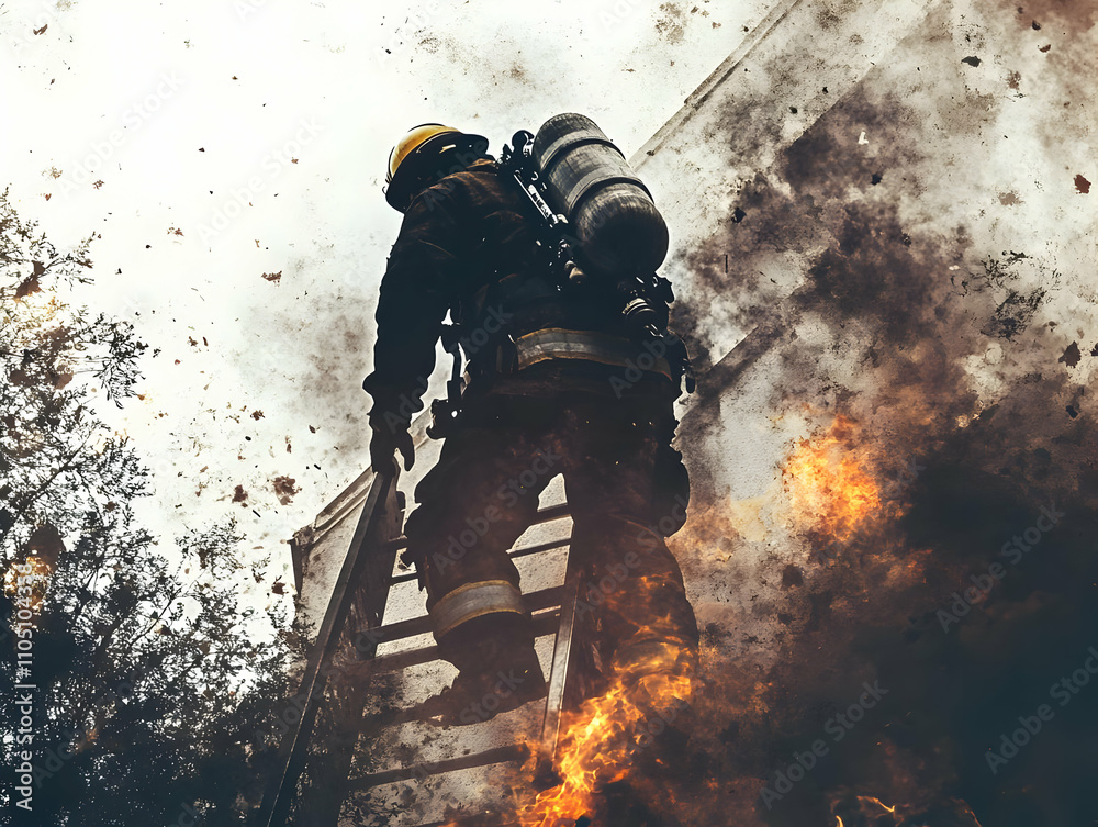 A firefighter ascends a ladder amidst smoke and flames, showcasing bravery and emergency response.
