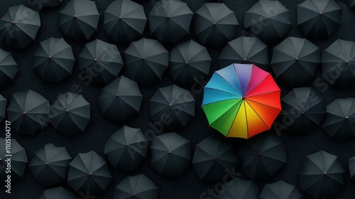 A unique vibrant rainbow umbrella stands out among black umbrellas, symbolizing individuality, creativity, and uniqueness for marketing, branding, and leadership concepts.