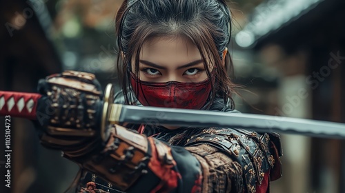 A woman in samurai armor, with a red mask, holds a katana sword and stares intently at the camera.