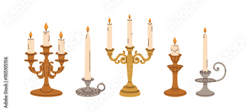 Vintage candelabra with pillar candles. Ornate retro style candelabrum design. Old antique and victorian candleholders. Elegant candlesticks set. Flat vector illustration isolated on white background