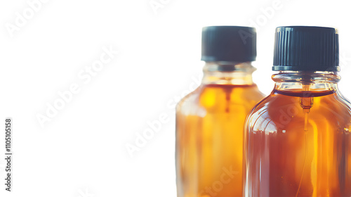 Two amber glass bottles filled with essential oil.