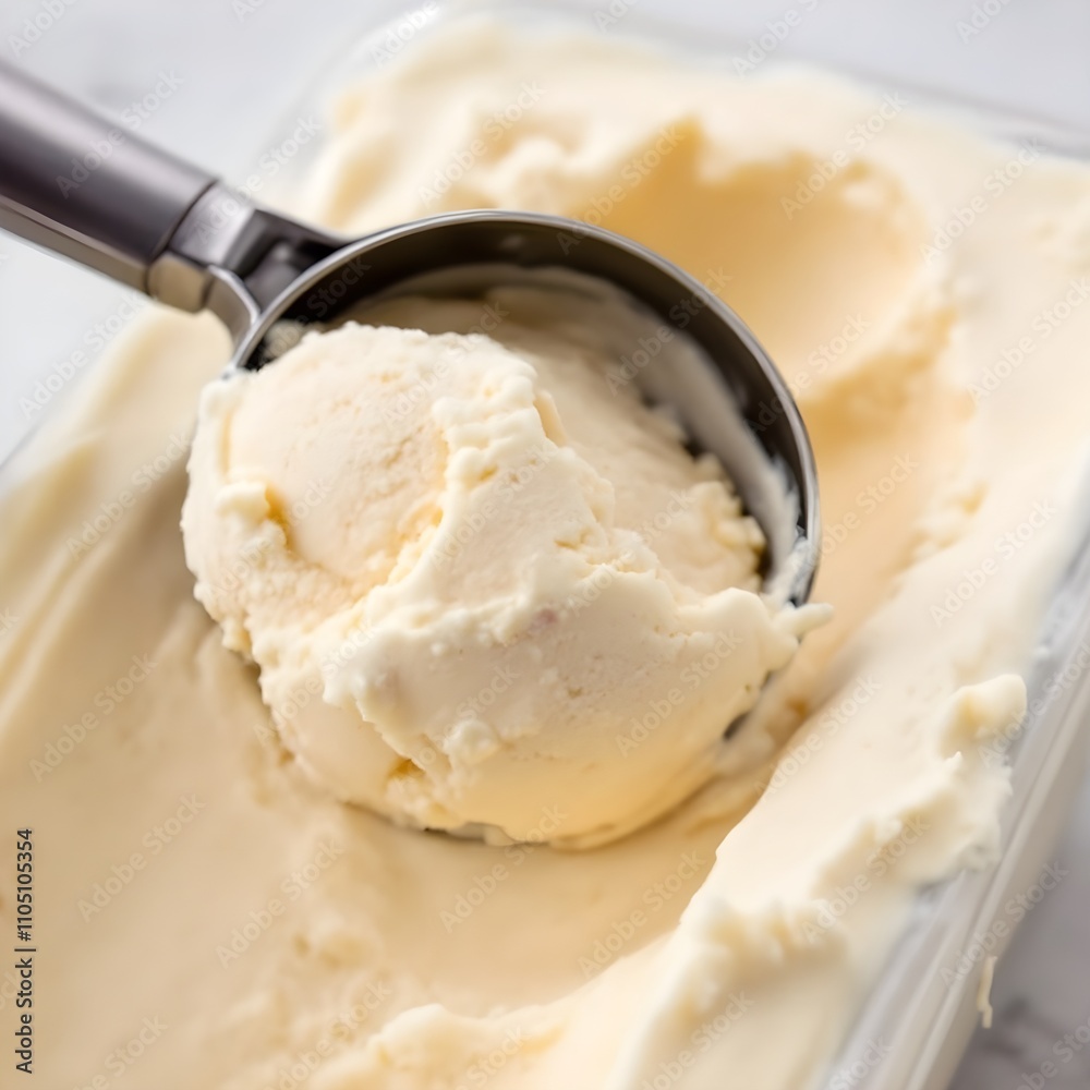 Scoop of vanilla ice cream being lifted from a container Scoop of vanilla ice cream being lifted from a container