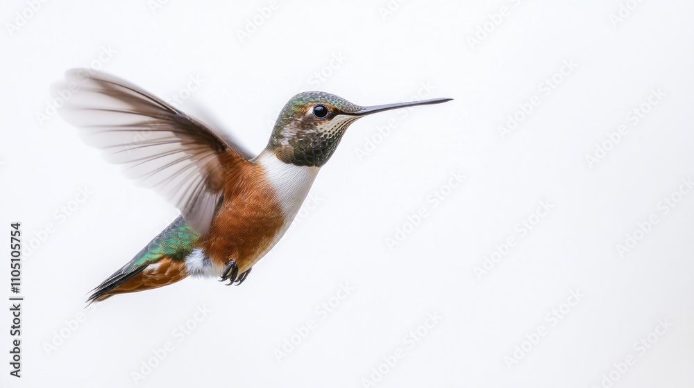 Allen Hummingbird in Flight Against White Background Allen Hummingbird in Flight Against White Background