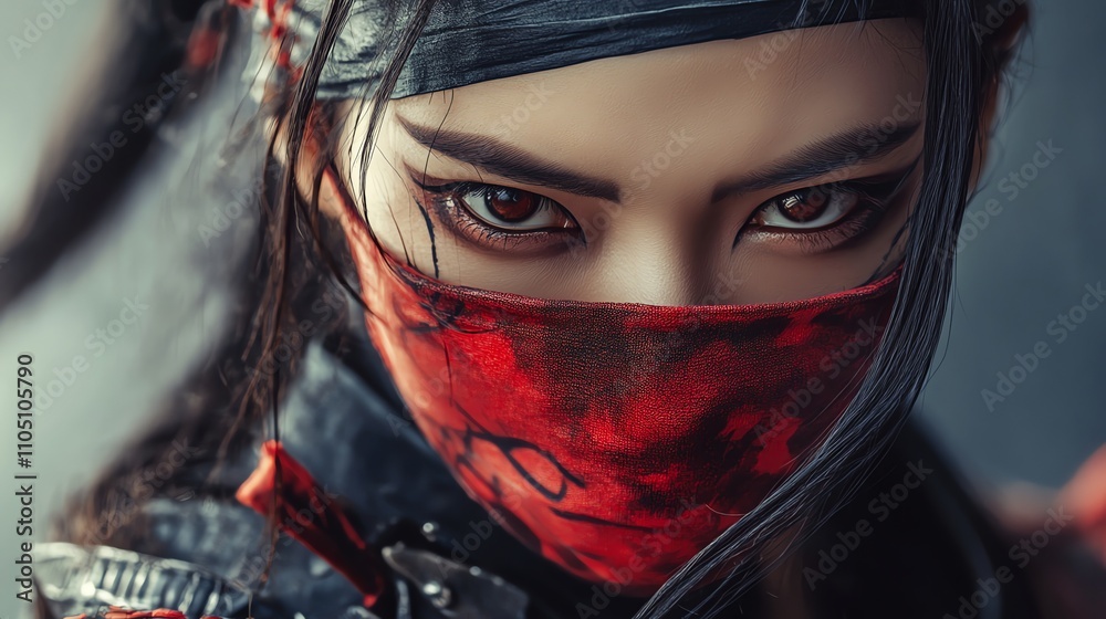 A woman wearing a red mask and headband, holding a katana, stares intensely at the camera. A woman wearing a red mask and headband, holding a katana, stares intensely at the camera.