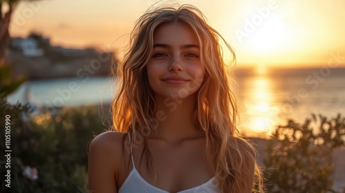 Young woman practicing yoga near the sea at sunset. Harmony, meditation, healthy lifestyle, relaxation, yoga, self care, mindfulness concept