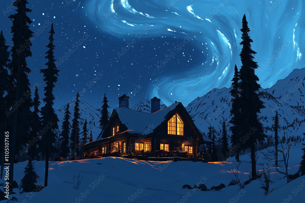 cozy cabin nestled in the snowy mountains, surrounded by tall trees and illuminated with warm lights from within. cozy cabin nestled in the snowy mountains, surrounded by tall trees and illuminated with warm lights from within.