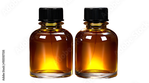 Two amber glass bottles with black caps filled with golden liquid.