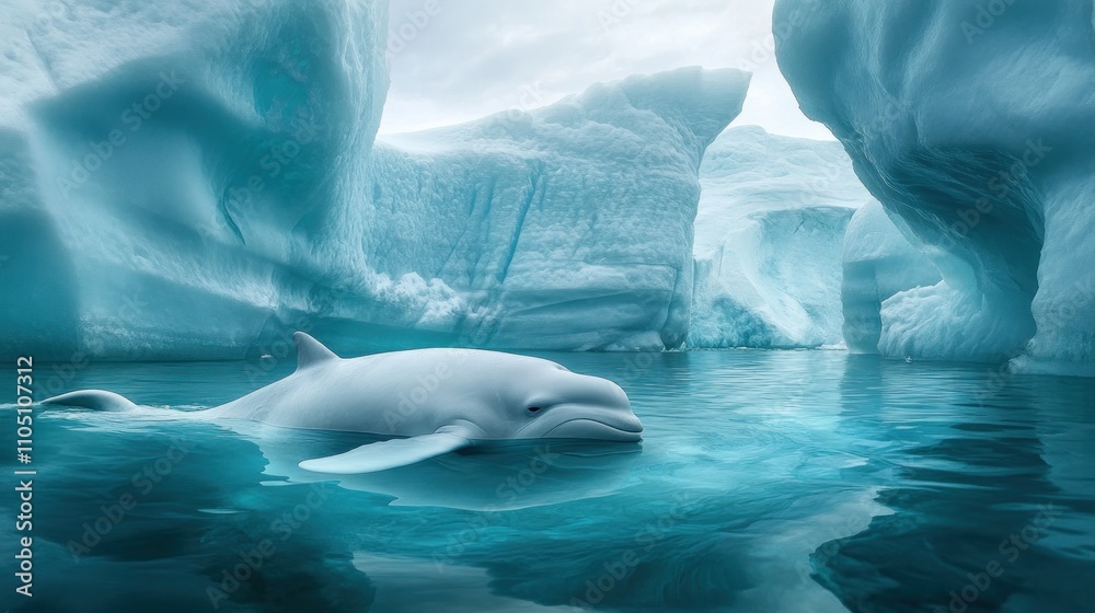Naklejka premium Beluga Whale Among Arctic Animals and Icebergs, A serene beluga whale gliding between towering icebergs, its smooth white form contrasting beautifully with the jagged ice. The scene is bathed