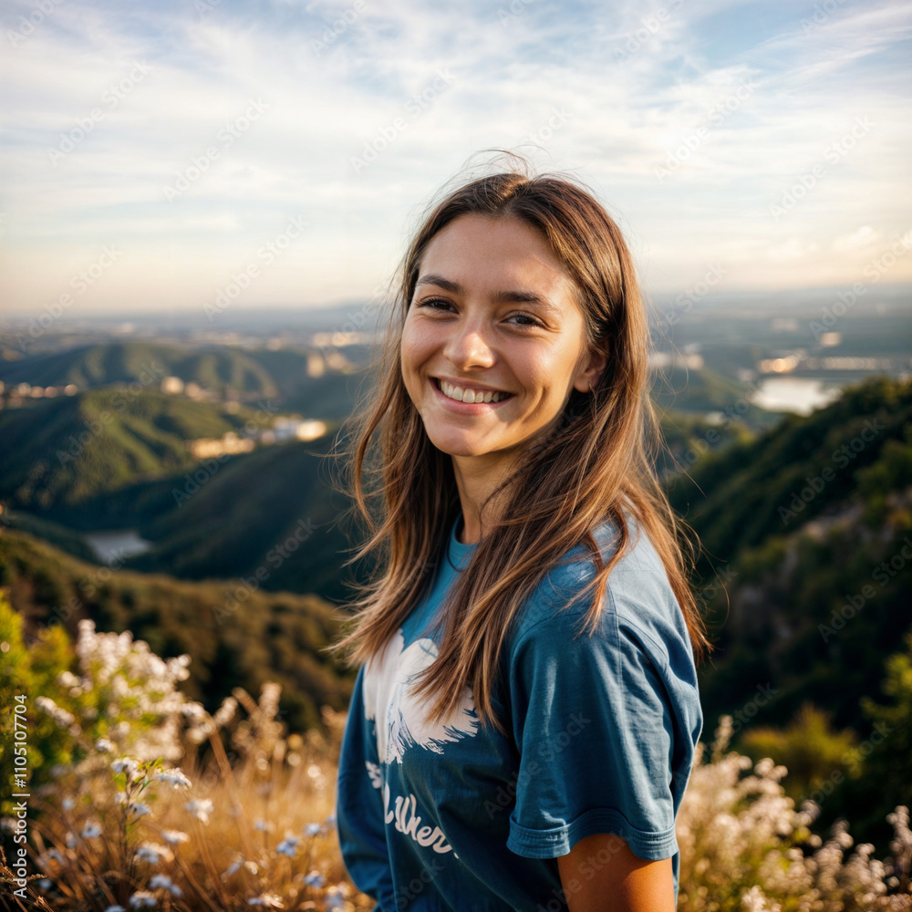 cute hiker girl in the mountains smiling at the camera cute hiker girl in the mountains smiling at the camera