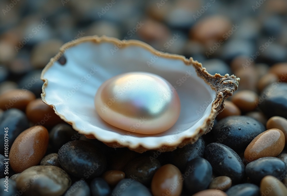 Nacreous pearl in oyster shell open on oysters heap Nacreous pearl in oyster shell open on oysters heap