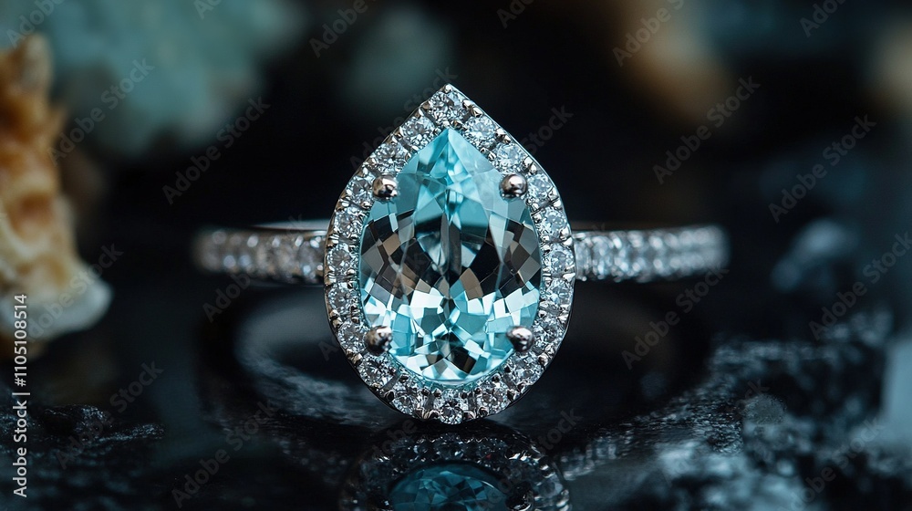 A stunning ring adorned with a serene aquamarine gemstone, framed by sparkling diamonds on a sleek white gold band. Ideal for fashion, luxury, and ocean-inspired projects. A stunning ring adorned with a serene aquamarine gemstone, framed by sparkling diamonds on a sleek white gold band. Ideal for fashion, luxury, and ocean-inspired projects.