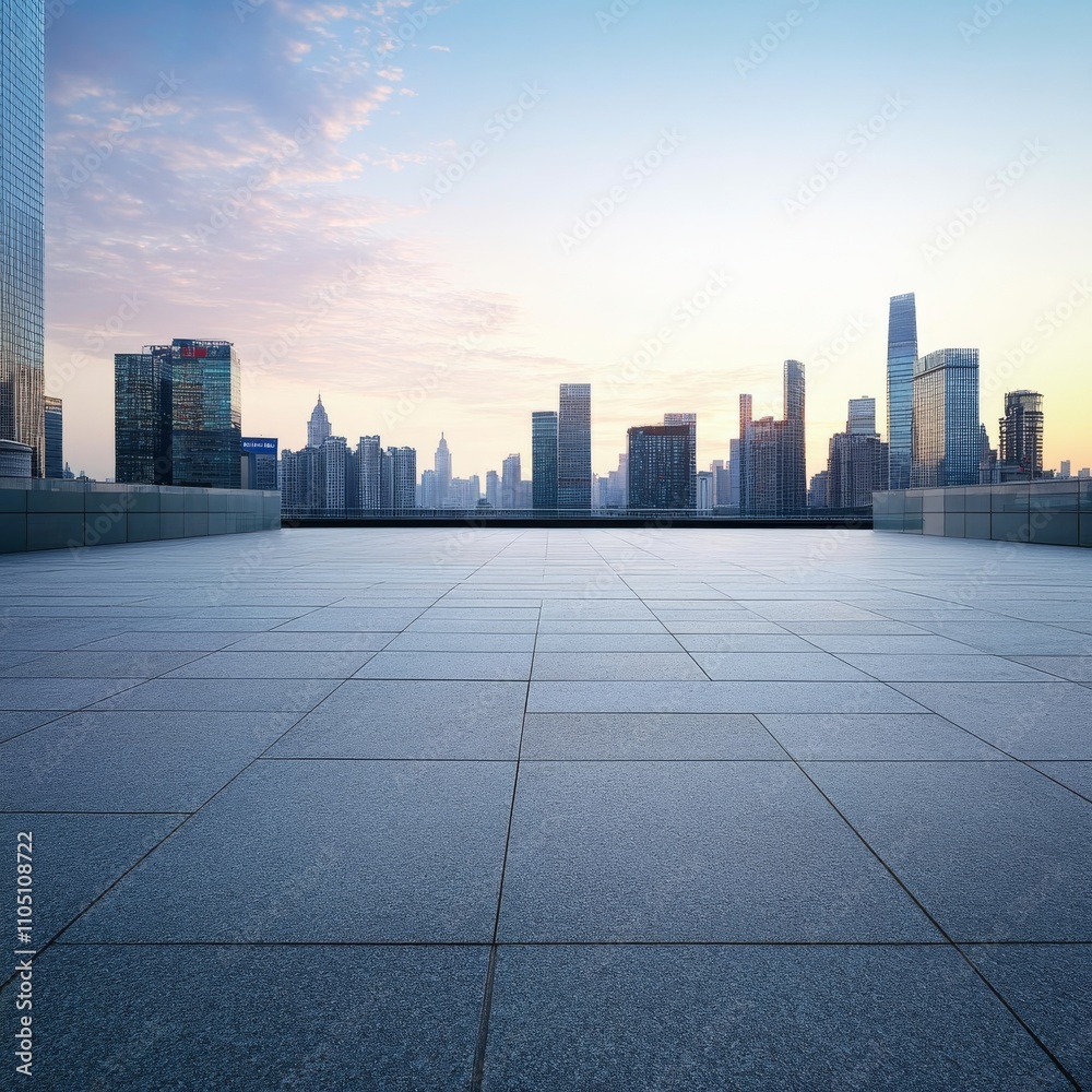 Urban plaza with modern architecture, dawn light, leading lines composition Urban plaza with modern architecture, dawn light, leading lines composition