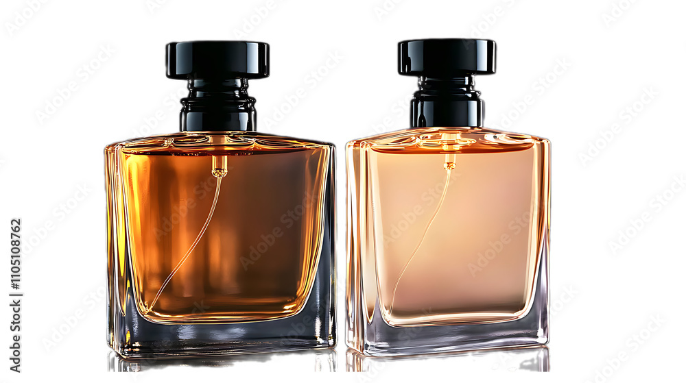 Two amber glass perfume bottles on black background.