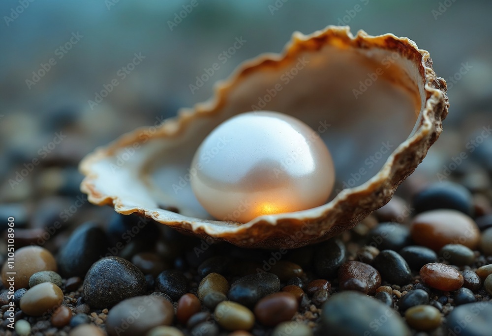 Nacreous pearl in oyster shell open on oysters heap Nacreous pearl in oyster shell open on oysters heap