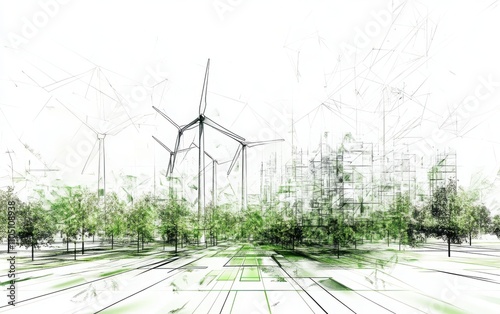 A detailed sketch of wind turbines set in a forest, incorporating green hues and a grid structure. 