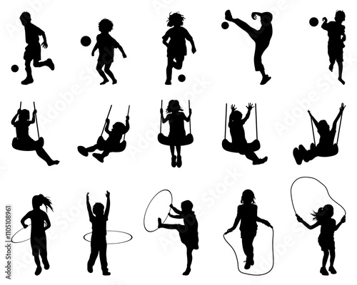 Black silhouettes of playful children on a white background	