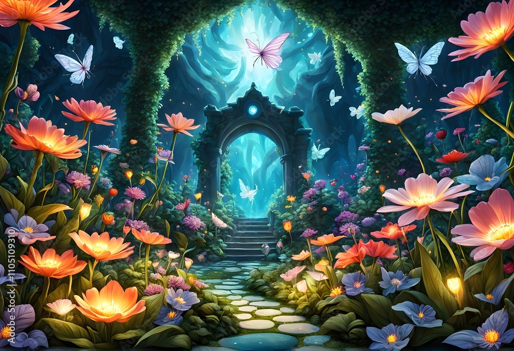 Obraz premium A fantastical garden with oversized flowers and tiny glowing fairies flying around, AI Generated