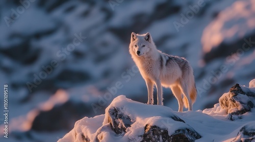 Arctic Wolf in a Frozen Landscape, A lone Arctic wolf standing confidently on a frozen ridge, snow-covered rocks and jagged peaks framing the background. The wolfs fur is textured and illuminated 