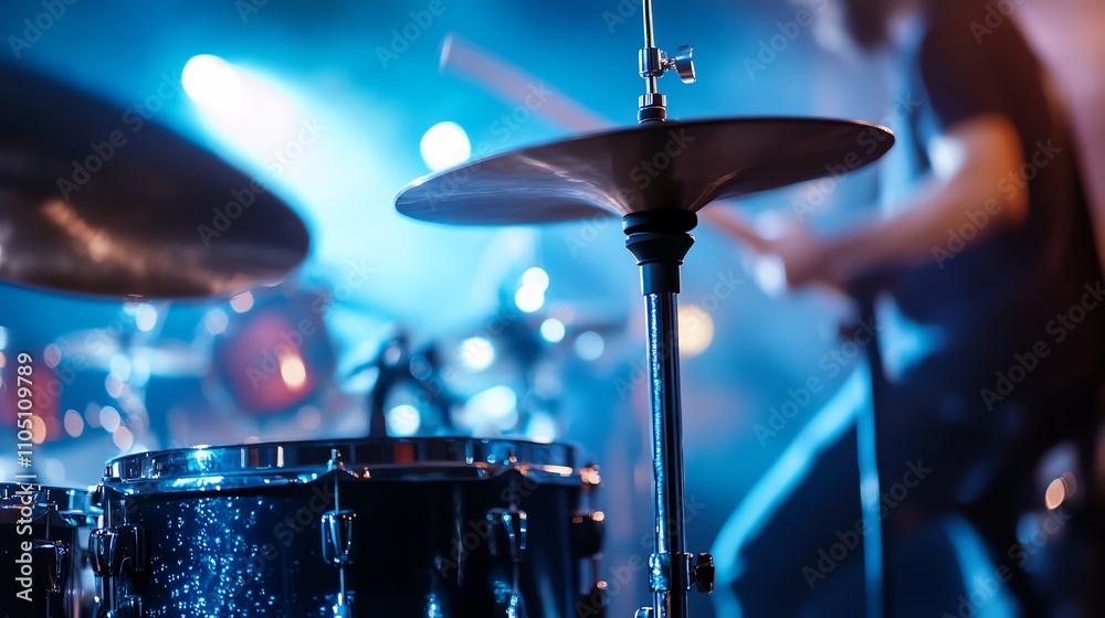 Naklejka premium A drummer playing hi-hat cymbals on stage with blue and orange lighting.