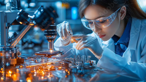 focused woman in lab coat examines microchip under microscope, showcasing precision in biomedical