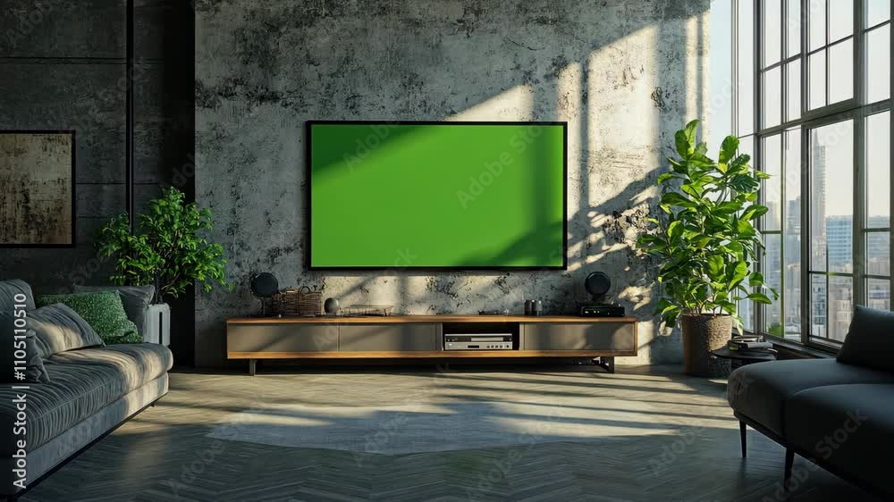 Modern living room interior with green screen TV, sofa, and sleek furniture Modern living room interior with green screen TV, sofa, and sleek furniture