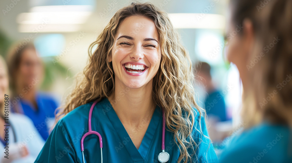 Fototapeta premium Radiant Nurse's Joyful Laugh: A captivating close-up of a smiling female nurse, radiating happiness and warmth in a medical setting. Her genuine joy is infectious.