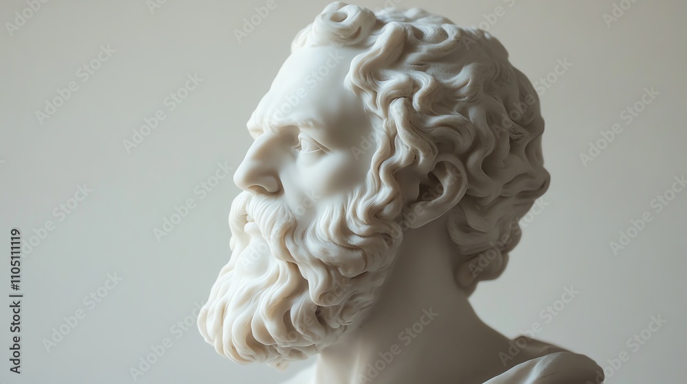 A white marble bust of a man with a beard. A white marble bust of a man with a beard.