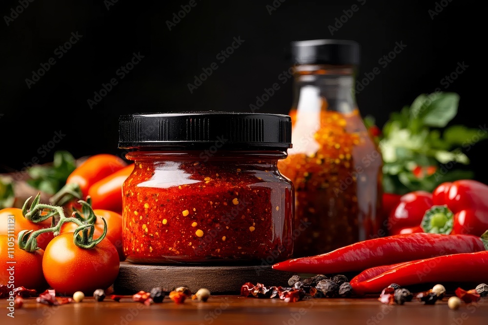 Spicy Tomato Sauce: A rich, red sauce brimming with flavor and heat. Fresh tomatoes, chili peppers, and black peppercorns surround a jar of homemade sauce and a bottle of hot sauce. Spicy Tomato Sauce: A rich, red sauce brimming with flavor and heat. Fresh tomatoes, chili peppers, and black peppercorns surround a jar of homemade sauce and a bottle of hot sauce.