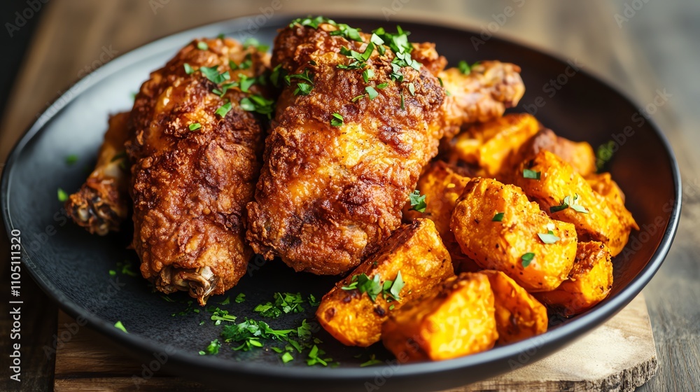 A plate of fried chicken and sweet potato wedges. A plate of fried chicken and sweet potato wedges.