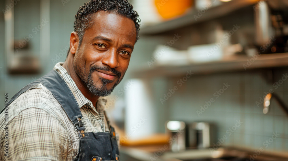 African american man smiling in kitchen wearing casual shirt and apron African american man smiling in kitchen wearing casual shirt and apron