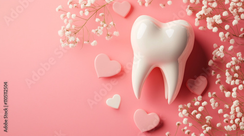 Valentine’s Day Dental Care Concept with White Tooth and Heart Confetti on Pink Background with Copy Space