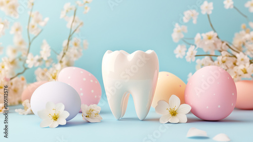 Easter Dental Care Concept with Tooth Model, Pastel Eggs, and Cherry Blossoms on Blue Background Symbolizing Springtime Health and Festivity