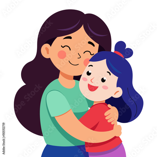 girl hugging mother cartoon illustration.