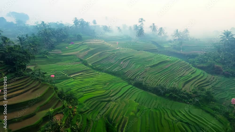 A breathtaking aerial view of lush green rice terraces in Southeast Asia, showcasing the natural beauty and agricultural practices. A breathtaking aerial view of lush green rice terraces in Southeast Asia, showcasing the natural beauty and agricultural practices.