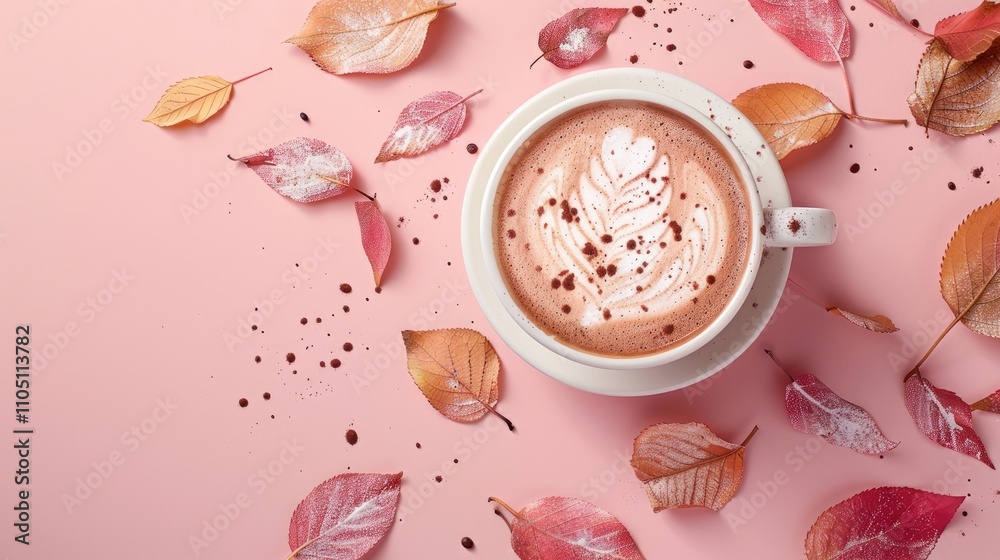 Autumn-themed coffee with milk on pink background. Autumn-themed coffee with milk on pink background.