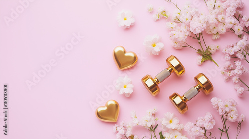 Valentine’s Day Fitness Concept with Golden Dumbbells and Heart Decorations on Pink Background with Copy Space, Perfect for Health and Romance Themes