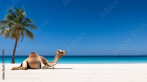 Camel relaxing on a tropical beach under a palm tree.